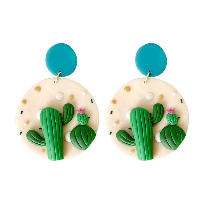 Creative Cactus Soft Pottery Geometric Circular Earrings Jewelry