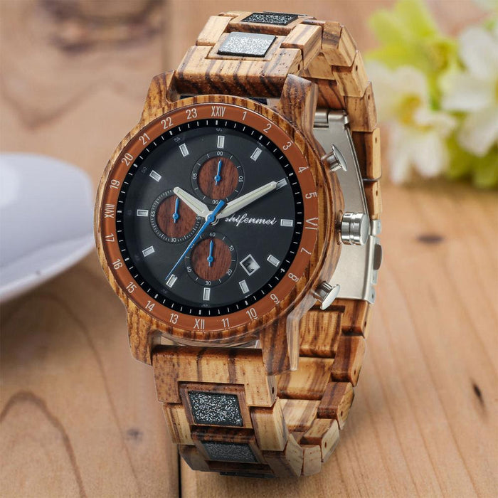 Men's Sports Multifunctional Wood Business Quartz Watch