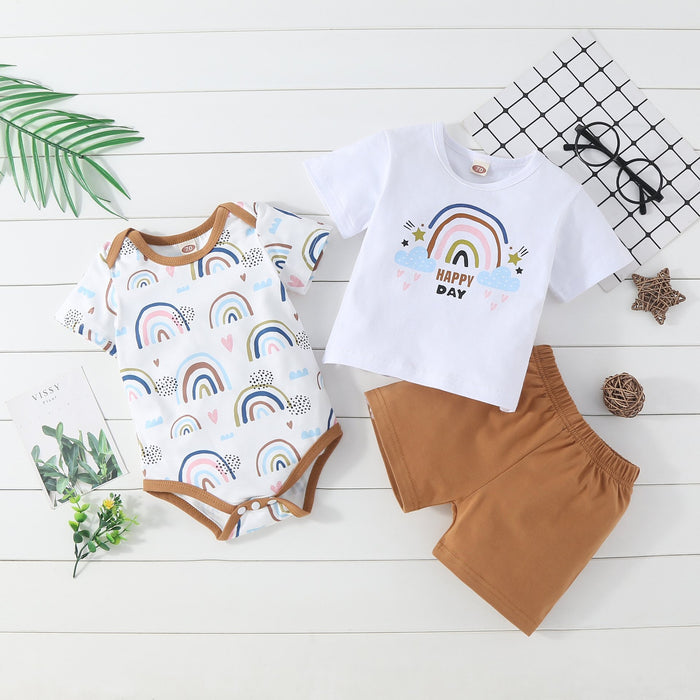 Children's Unisex suit rainbow shorts short sleeve three piece set