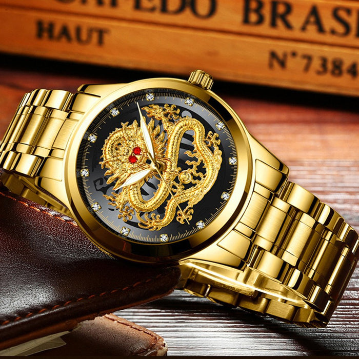 FNGEEN Brand Men Watch 3D Dragon Face Luxury Gold Male Quartz Watch