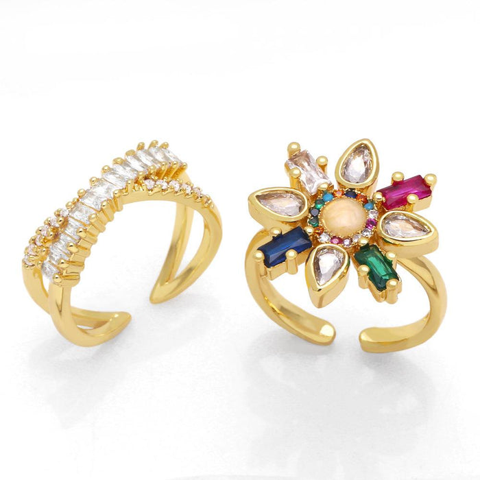 Personalized Colorful Zircon Flower Ring with Adjustable Opening