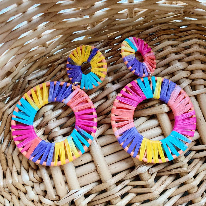 colourful Lafite Woven Geometric Double Round Earrings Jewelry