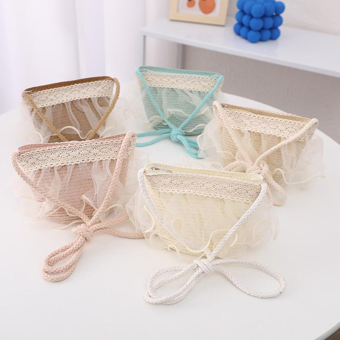 Summer Children's Lace Bow Grass Bucket Hat Bag Set