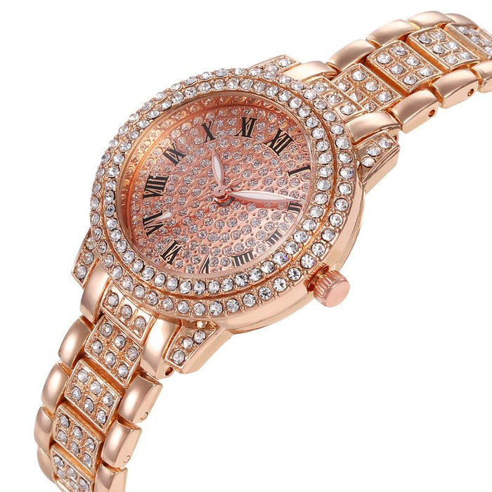 Leisure Full Diamond Retro Roman Disc Steel Band Watch Llz20797