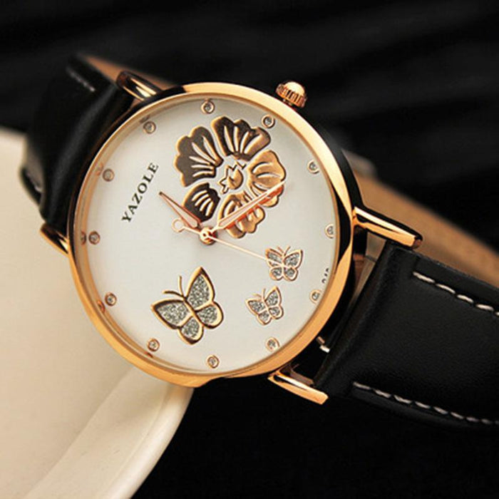 Fashion Yazole Butterfly Flower Bling Genuine Leather Quartz Wedding Women Wristwatches