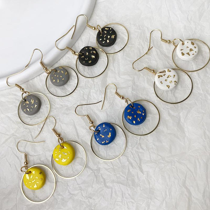 Geometric Metal Soft Pottery Round Pendant Gold Foil Texture Earrings