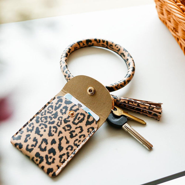 Bracelet Keychain Leopard PU Leather Fringe Card Wallet Wrist Key Chain