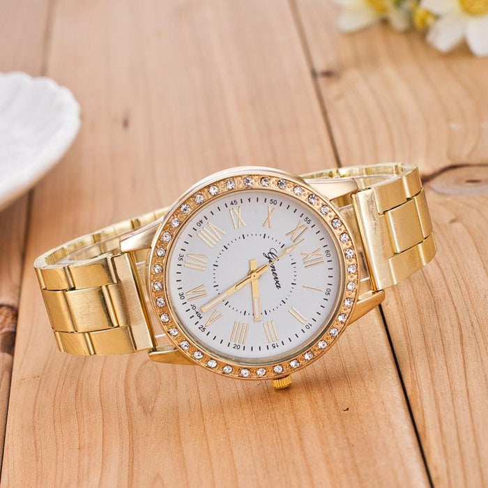 New Women Luxury Gold Quartz Stainless Steel Rhinestone Wristwatch