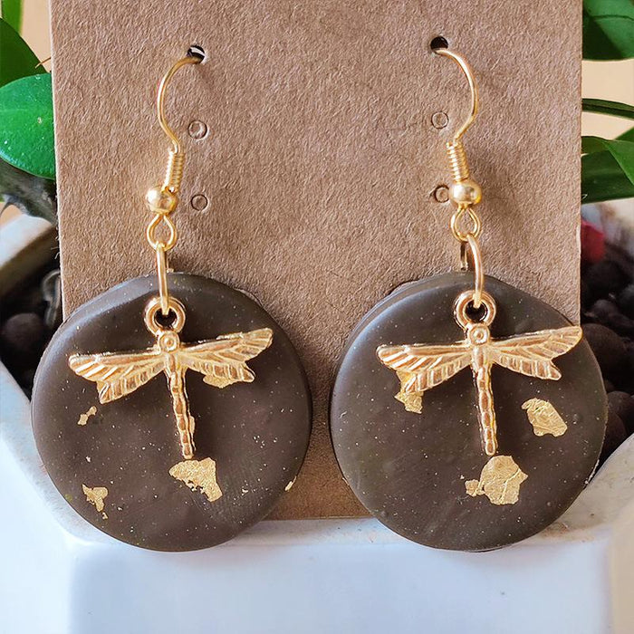 Handmade Dragonfly Gold Foil Advanced Vintage Round Soft Pottery Earrings