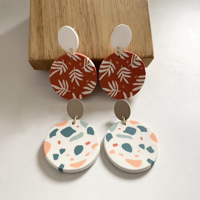 Handmade soft pottery Earrings art hand-painted patterns turtle back leaves palm leaves spring new earrings modern style jewelry