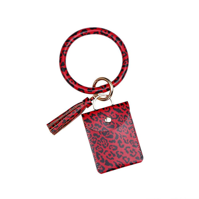 Bracelet Keychain Leopard PU Leather Fringe Card Wallet Wrist Key Chain