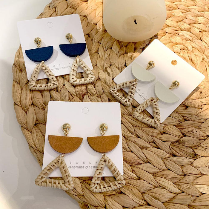 Holiday Style Retro Triangular Wooden Rattan Earrings Jewelry