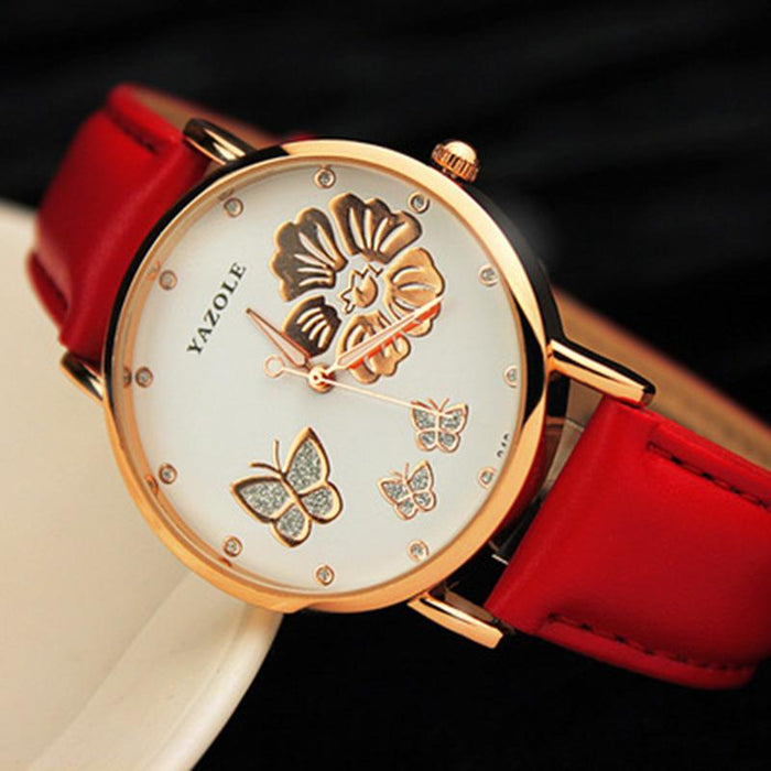 Fashion Yazole Butterfly Flower Bling Genuine Leather Quartz Wedding Women Wristwatches