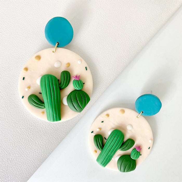 Creative Cactus Soft Pottery Geometric Circular Earrings Jewelry