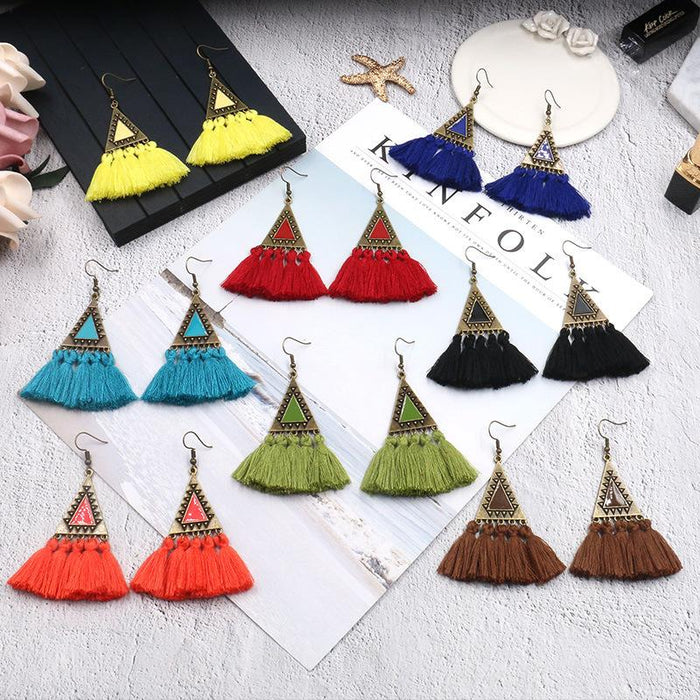 Fashion Ethnic Wool Tassel Pendant Earrings Jewelry