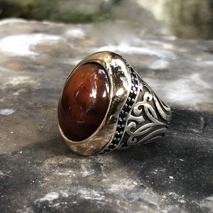 Vintage punk men's ring tiger eye stone ring