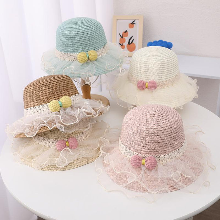 Summer Children's Lace Bow Grass Bucket Hat Bag Set