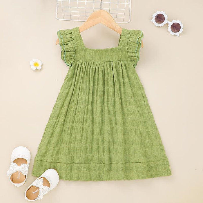 Girls' skirt Avocado Green Square Neck fly sleeve pleated skirt