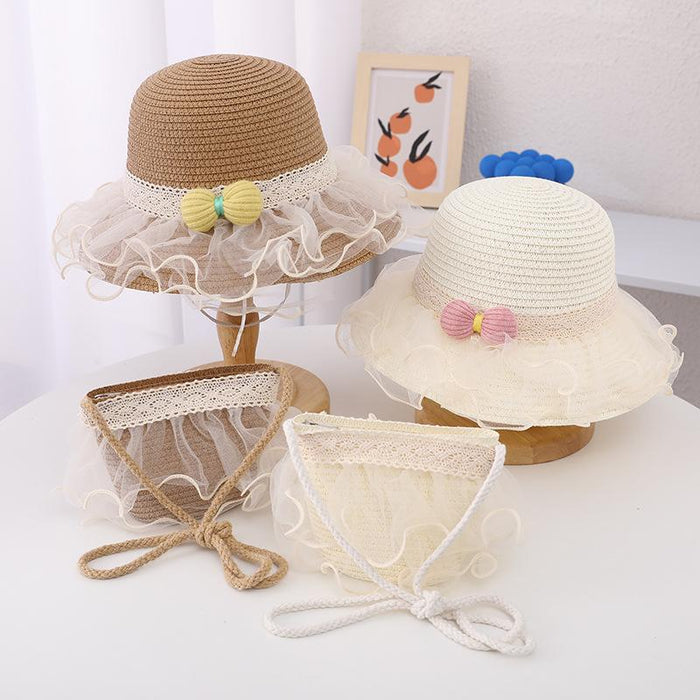 Summer Children's Lace Bow Grass Bucket Hat Bag Set