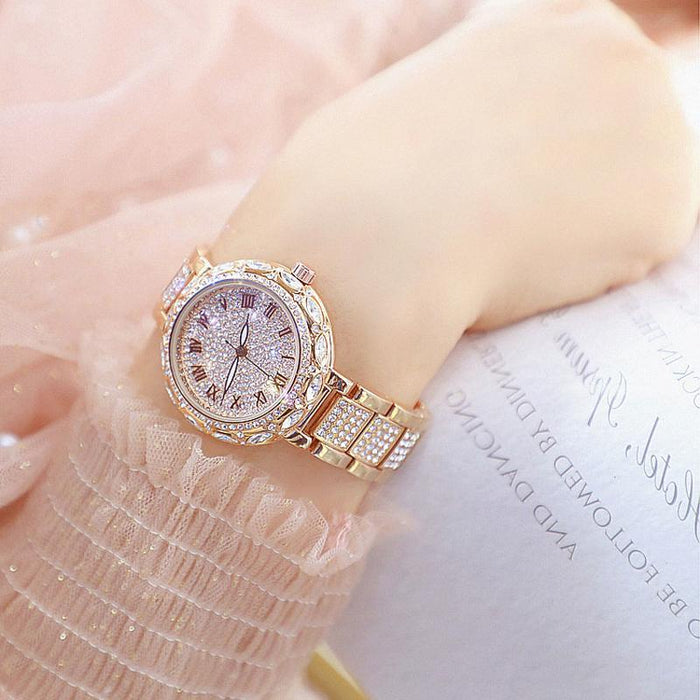 Fashion Stainless Steel Rhinestone Crystal Ladies Quartz Watch Dress Clock