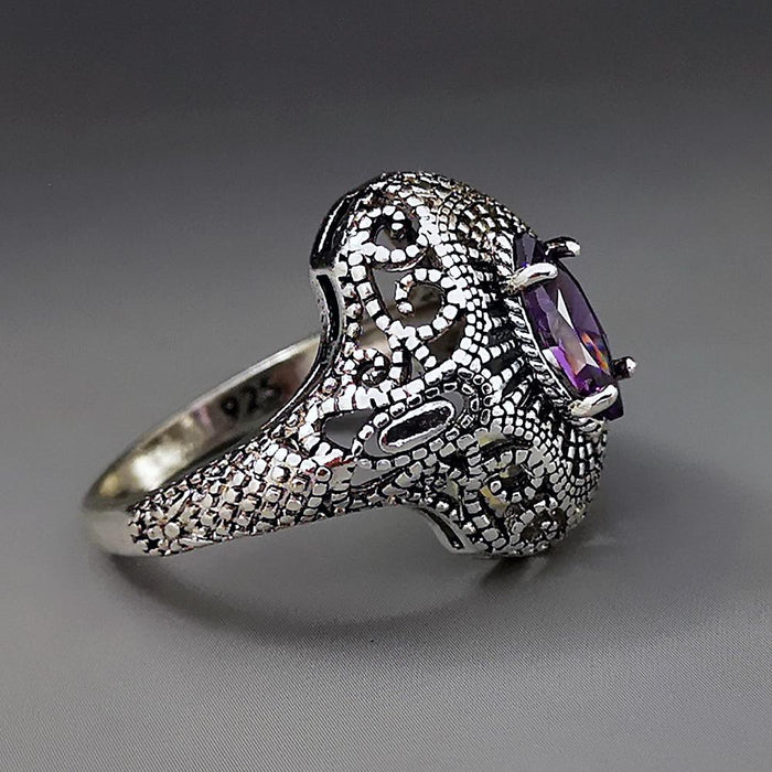 Fashion Vintage Hollow Out 925 Silver Amethyst Ring