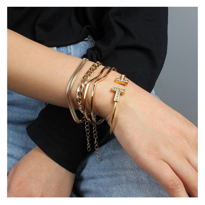 Fashion T-frame Open Bracelet Gold Irregular Multi-layer Bracelet