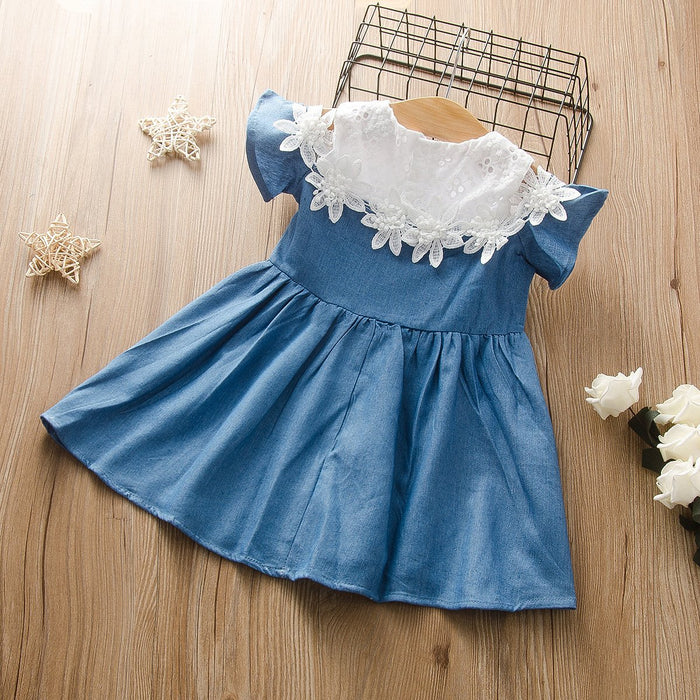 Girls skirt lace print stitched denim dress