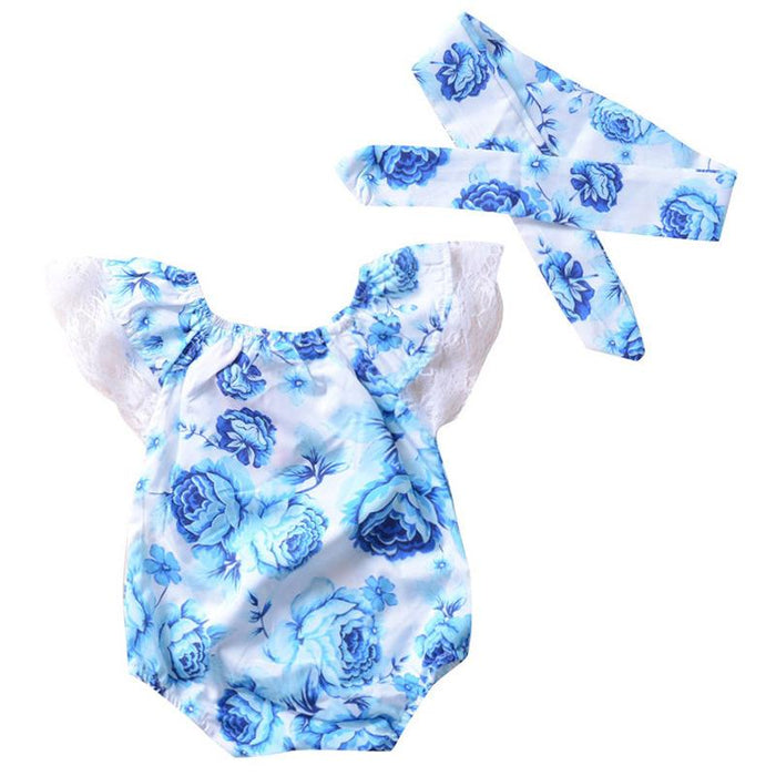 Blue Floral Lace Flower Butterfly Hair Band Two Piece Set