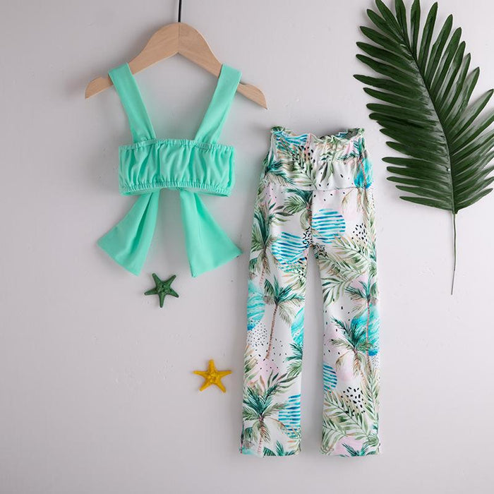 Girl's green printed coconut tree suspender two pieces