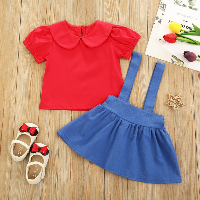 Solid color Short Sleeve Ruffle collar top denim strap skirt