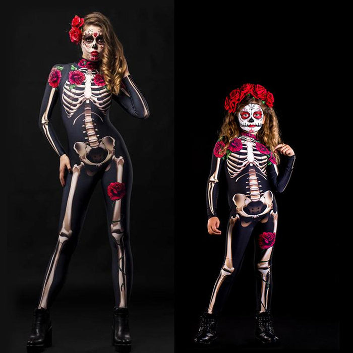 Halloween Horror Skeleton Cosplay Costume Children's Clothing Adult Rose Skeleton Jumpsuit