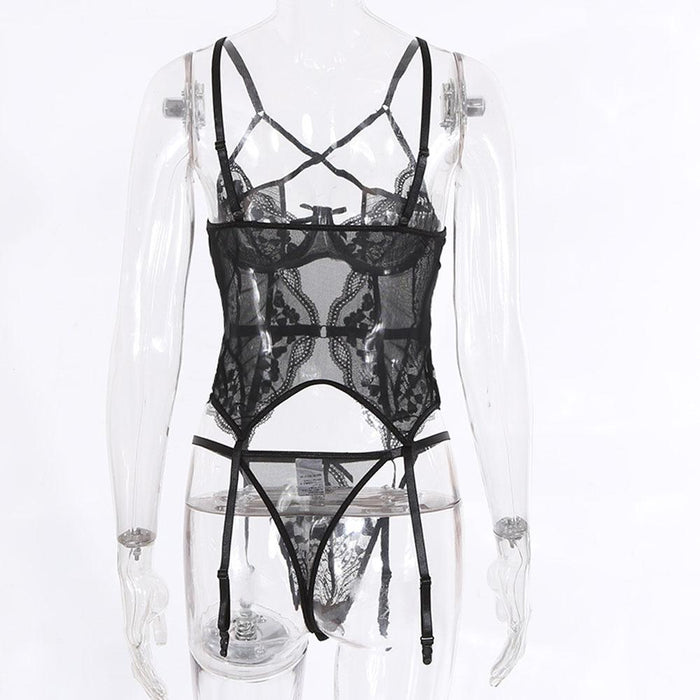 Women Lace Cross Strappy Corset Sexy Underwear Lingerie Set