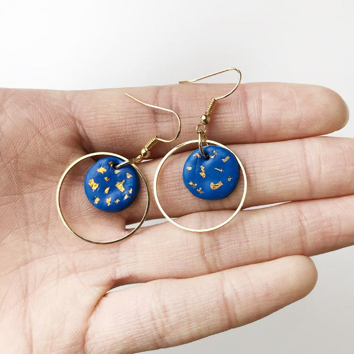 Geometric Metal Soft Pottery Round Pendant Gold Foil Texture Earrings