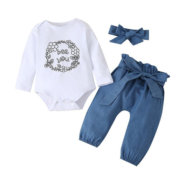 English cartoon printed three piece set for baby out wear