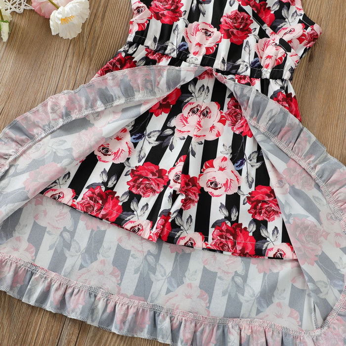 Rose stripe suspender split dress patchwork shorts