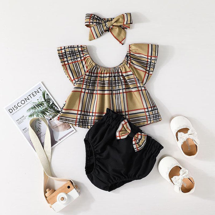 Baby Plaid Sleeveless Top + Briefs + Headscarf 3 Set