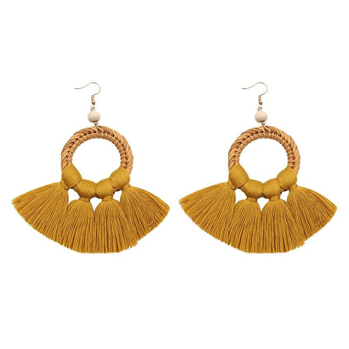 Bohemian Cotton Thread Tassel Handmade Rattan Woven Earrings