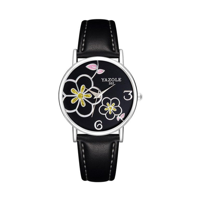 Women Watches Yazole Fashion Leather OL Style Plum Ladies Flower Quartz Watch