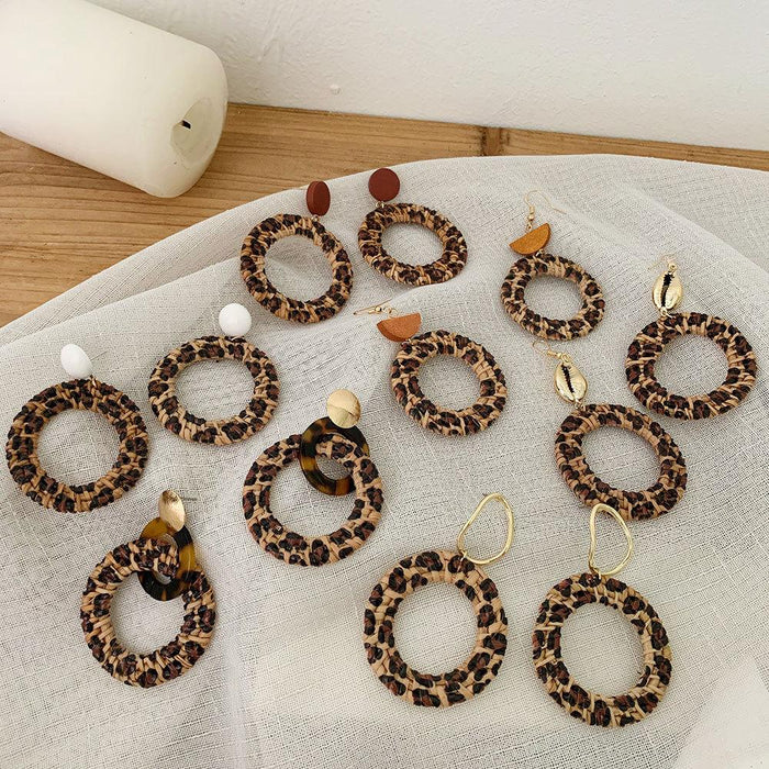 colourful Leopard Print Fashion Hand Woven Exaggerated Rattan Earrings Jewelry