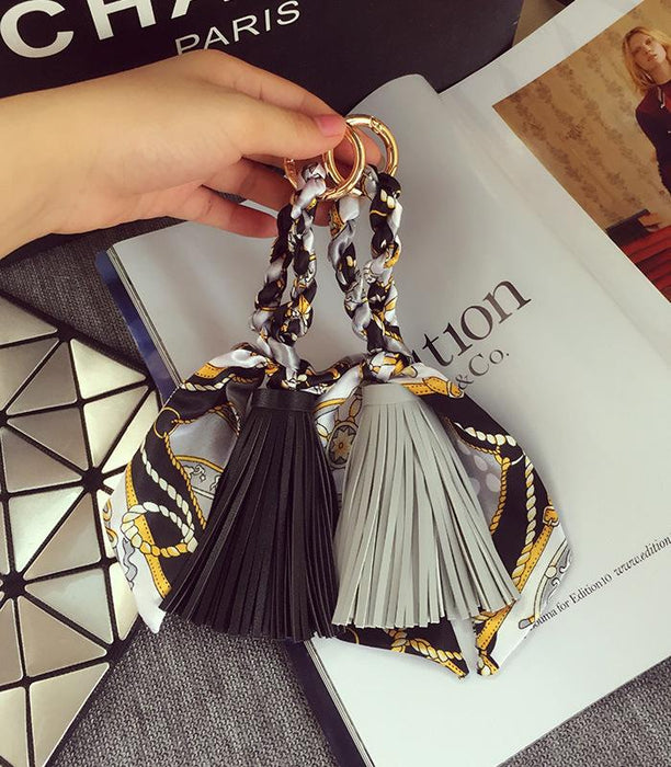 Leather Silk Scarf Tassel Bag Pendant Keychain