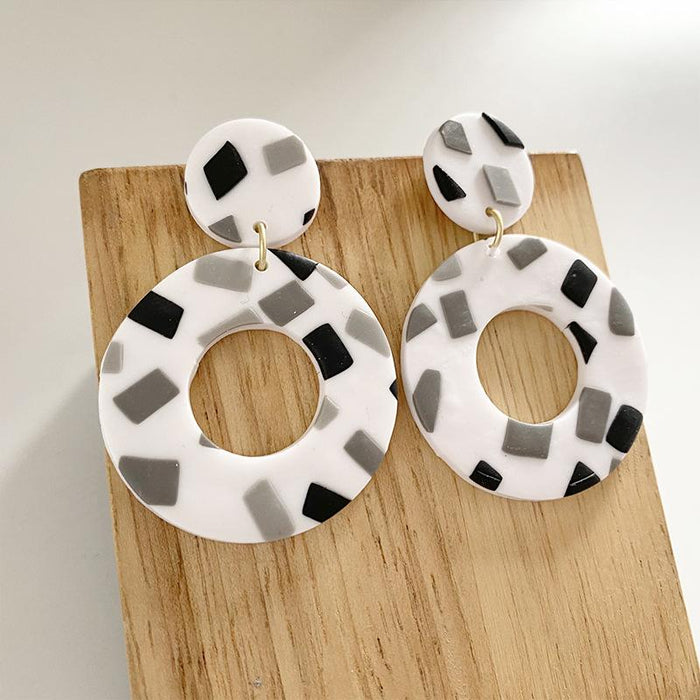 Handmade Soft Pottery Black and White Gray Geometric Earrings Jewelry