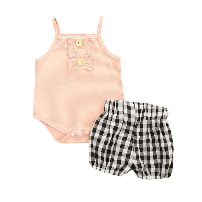 Girls' suit solid color suspender square check shorts two-piece set