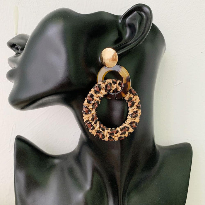 colourful Leopard Print Fashion Hand Woven Exaggerated Rattan Earrings Jewelry