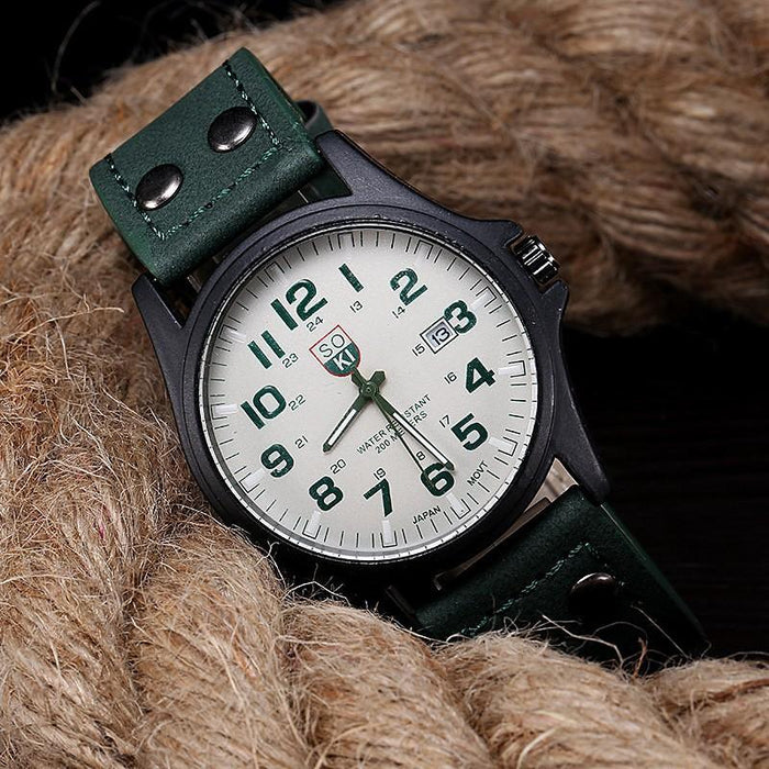 SOKI Men Watches Casual Leather Strap Number Dial Quartz Wristwatch