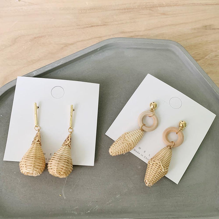 Bamboo and Rattan Hand Woven Fashion Round Earrings Women's Jewelry