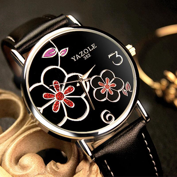 Women Watches Yazole Fashion Leather OL Style Plum Ladies Flower Quartz Watch