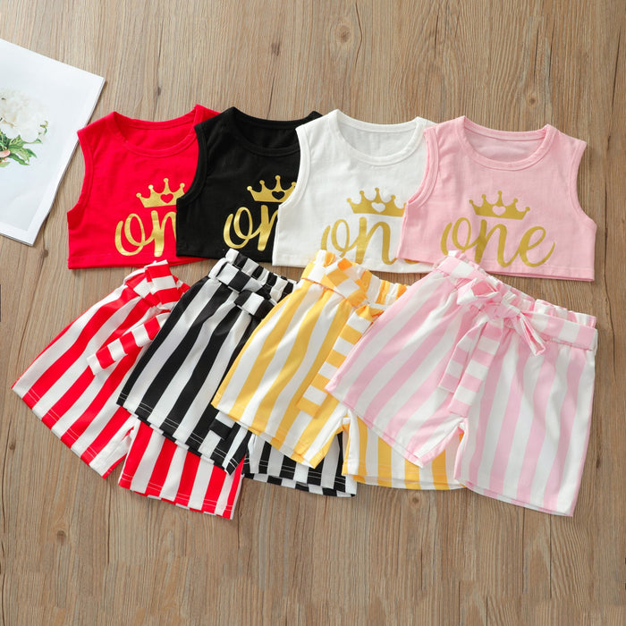 Solid color letter printed vest short shirt fashion stripe bow two piece set