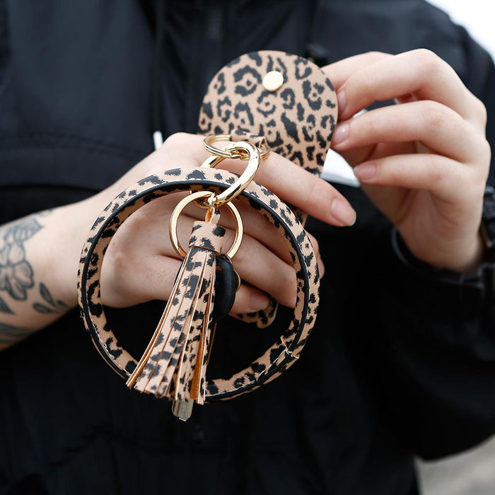 Bracelet Keychain Leopard PU Leather Fringe Card Wallet Wrist Key Chain