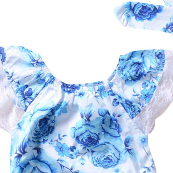 Blue Floral Lace Flower Butterfly Hair Band Two Piece Set