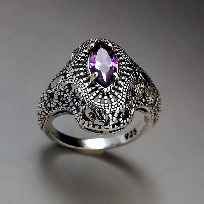 Fashion Vintage Hollow Out 925 Silver Amethyst Ring